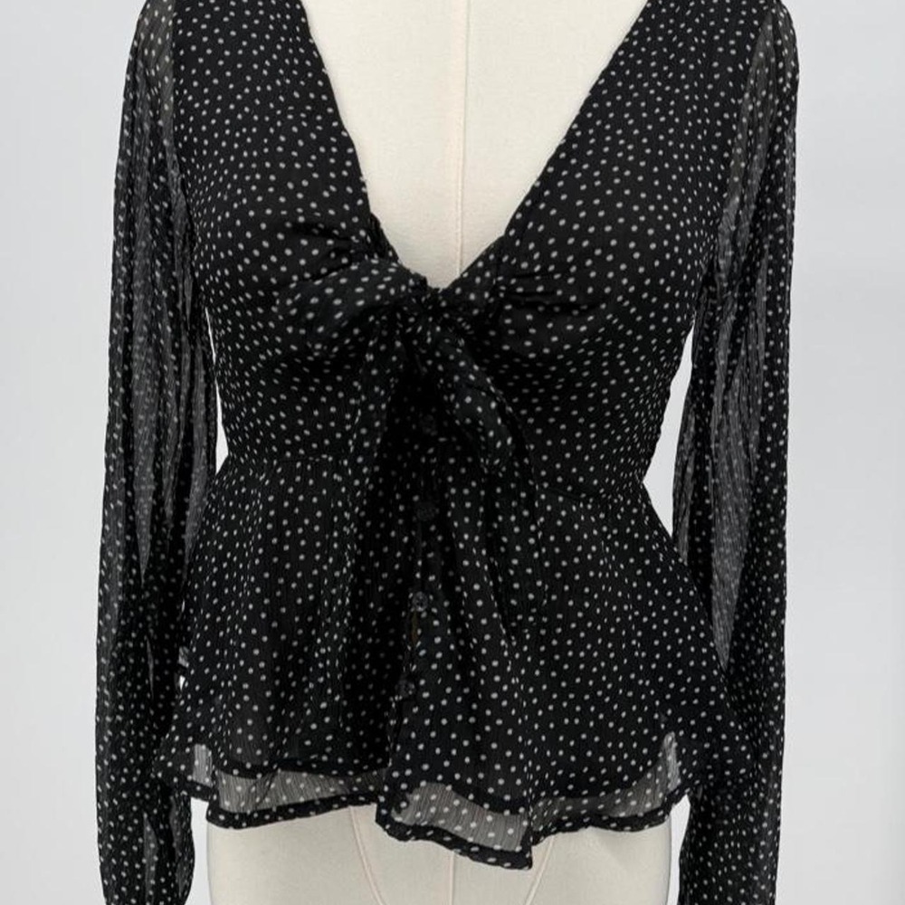 Abercrombie & Fitch Polka Dot Sheer Tie Front Blouse Black White XS